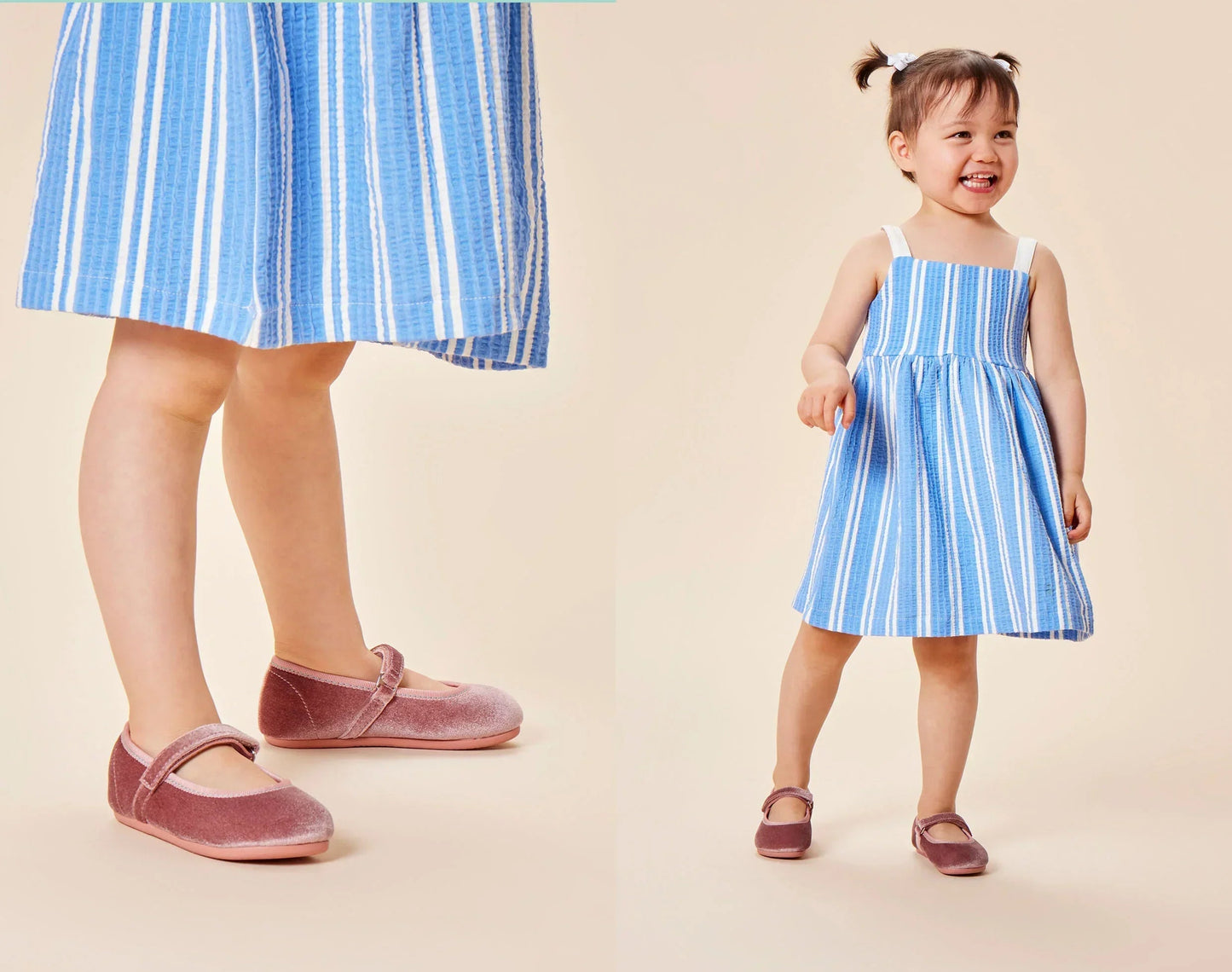 Split view of child wearing Ten Little Velvet Ballet Flats - Dusty Rose. Available at www.tenlittle.com