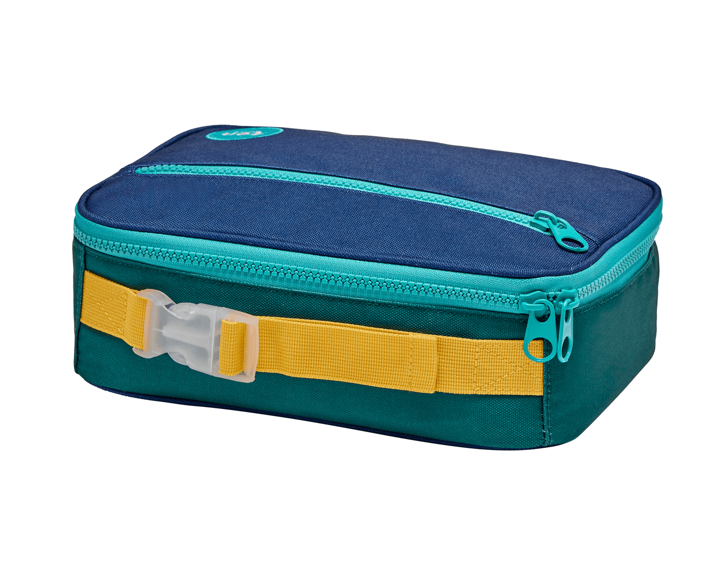 Side view of Ten Little Insulated Recycled Lunch Box - Navy & Green. Available at www.tenlittle.com