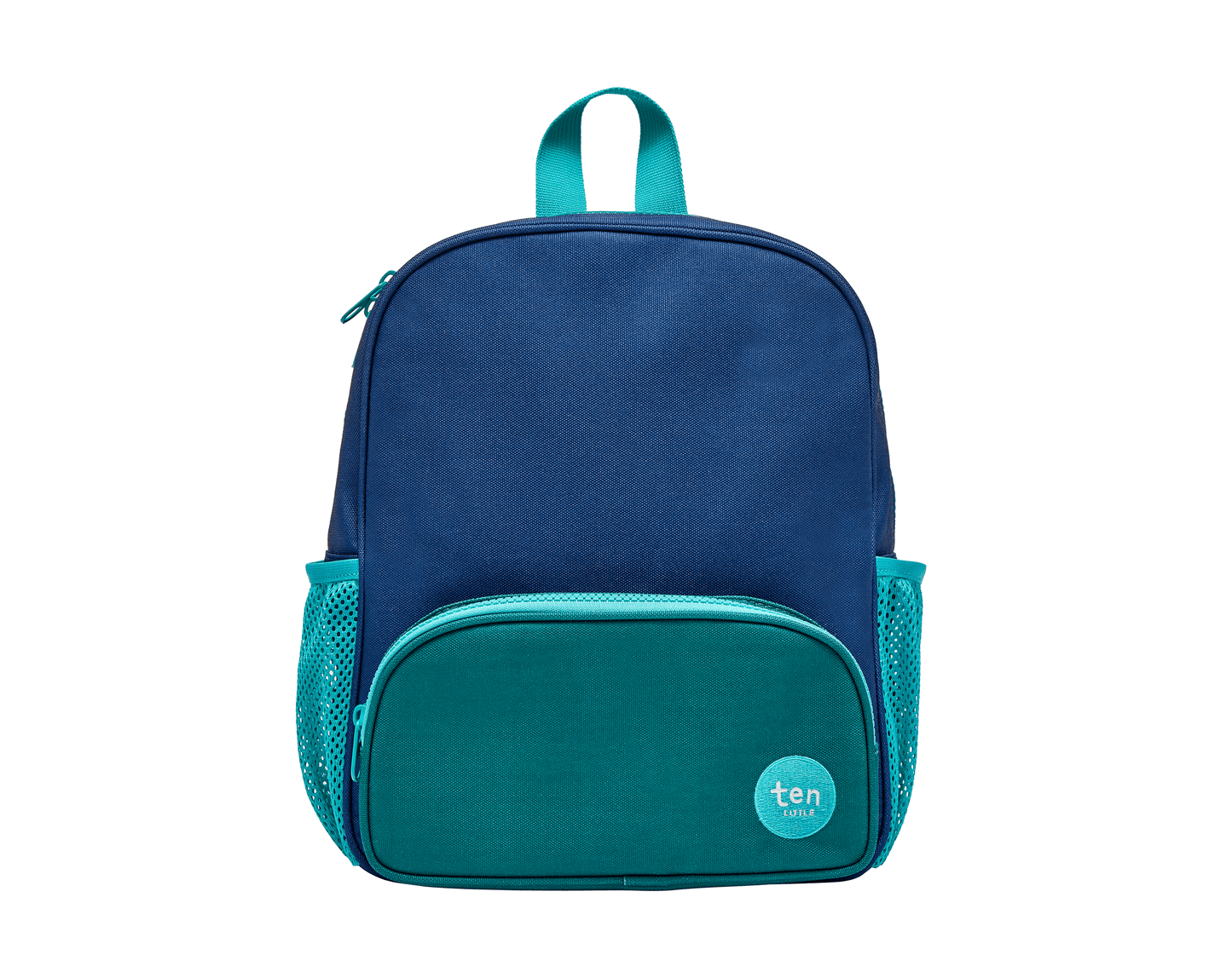 Front view of Ten Little Recycled Backpack 12 Inch - Navy & Green. Available at www.tenlittle.com