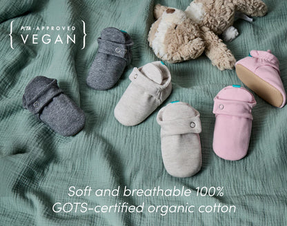 Top view of soft and breathable 100% GOTS-certified organic cotton and Peta-approved vegan material of Ten Little Everyday Baby Booties - Heather Gray, Heather Oat, Soft Pink. Available at www.tenlittle.com