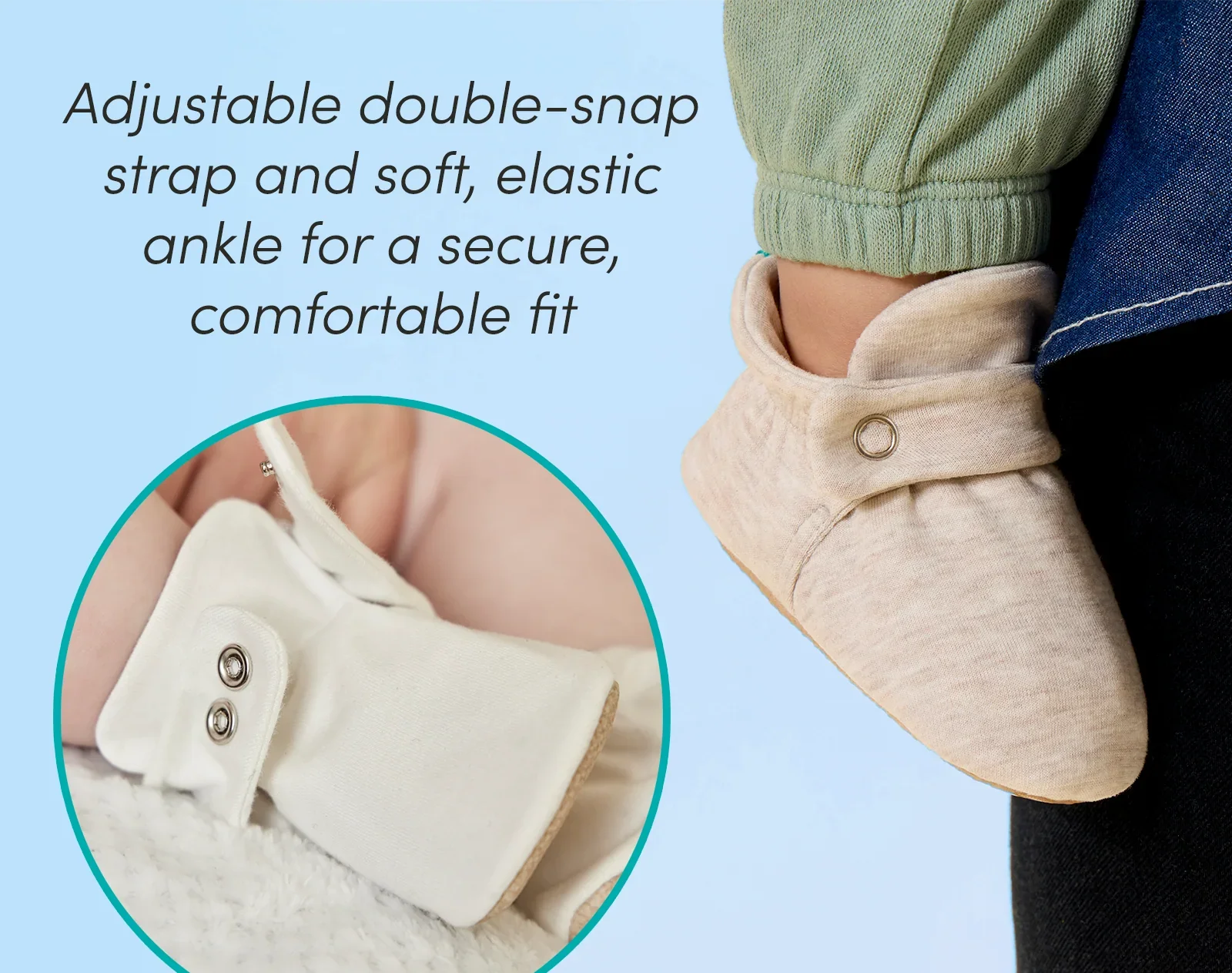 Split view of adjustable double-snap strap and soft, elastic ankle for a secure, comfortable fit and baby wearing Ten Little Everyday Baby Booties - Heather Oat. Available at www.tenlittle.com