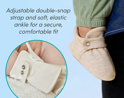Split view of adjustable double-snap strap and soft, elastic ankle for a secure, comfortable fit and baby wearing Ten Little Everyday Baby Booties - Heather Oat. Available at www.tenlittle.com