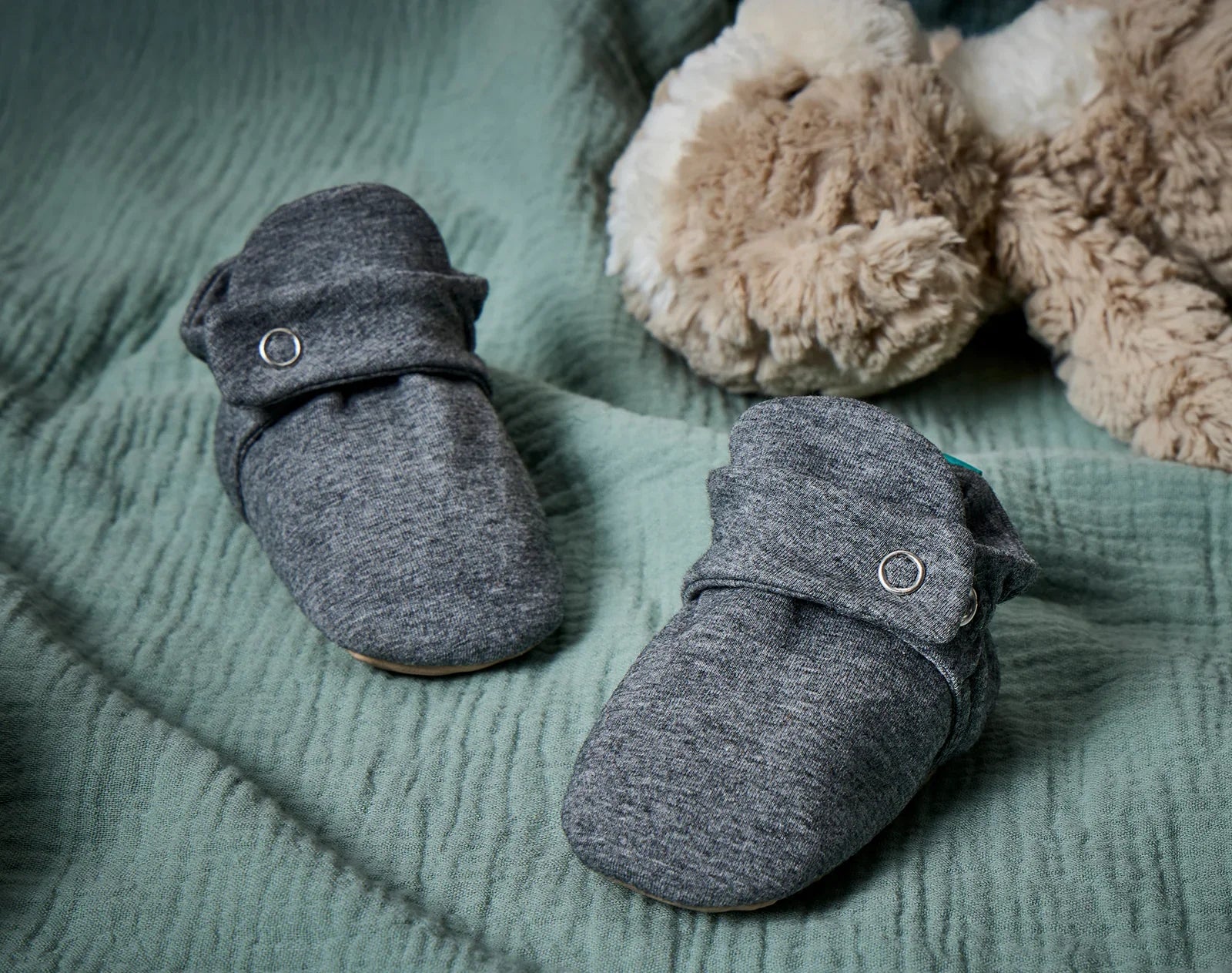 Front view of Ten Little Everyday Baby Booties - Heather Gray. Available at www.tenlittle.com