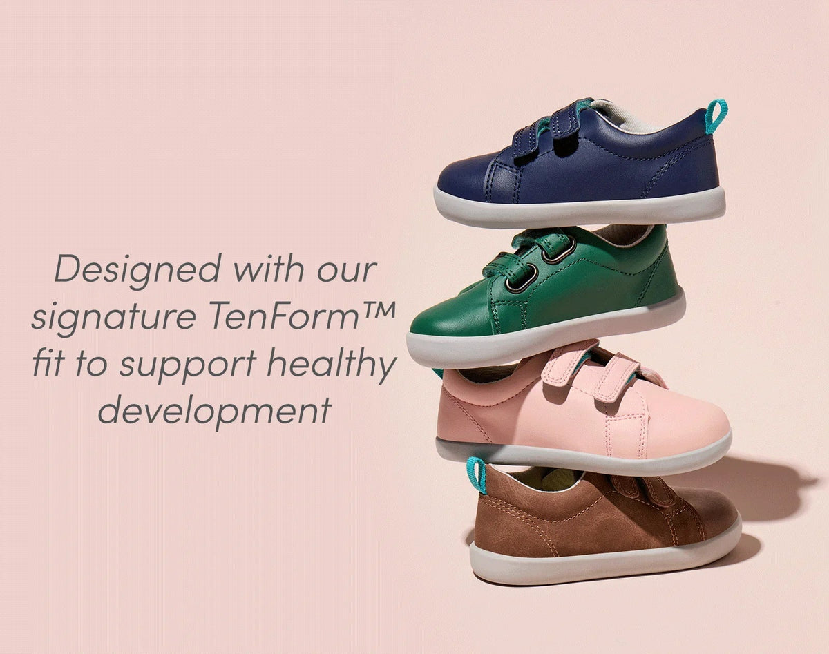 Group shot of The New York Times Wirecutter Editor's Pick Ten Little Everyday Original designed with our signature TenForm™ fit to support healthy development - Navy Blue, Emerald Green, Blush Pink, Mocha Brown. Available at www.tenlittle.com