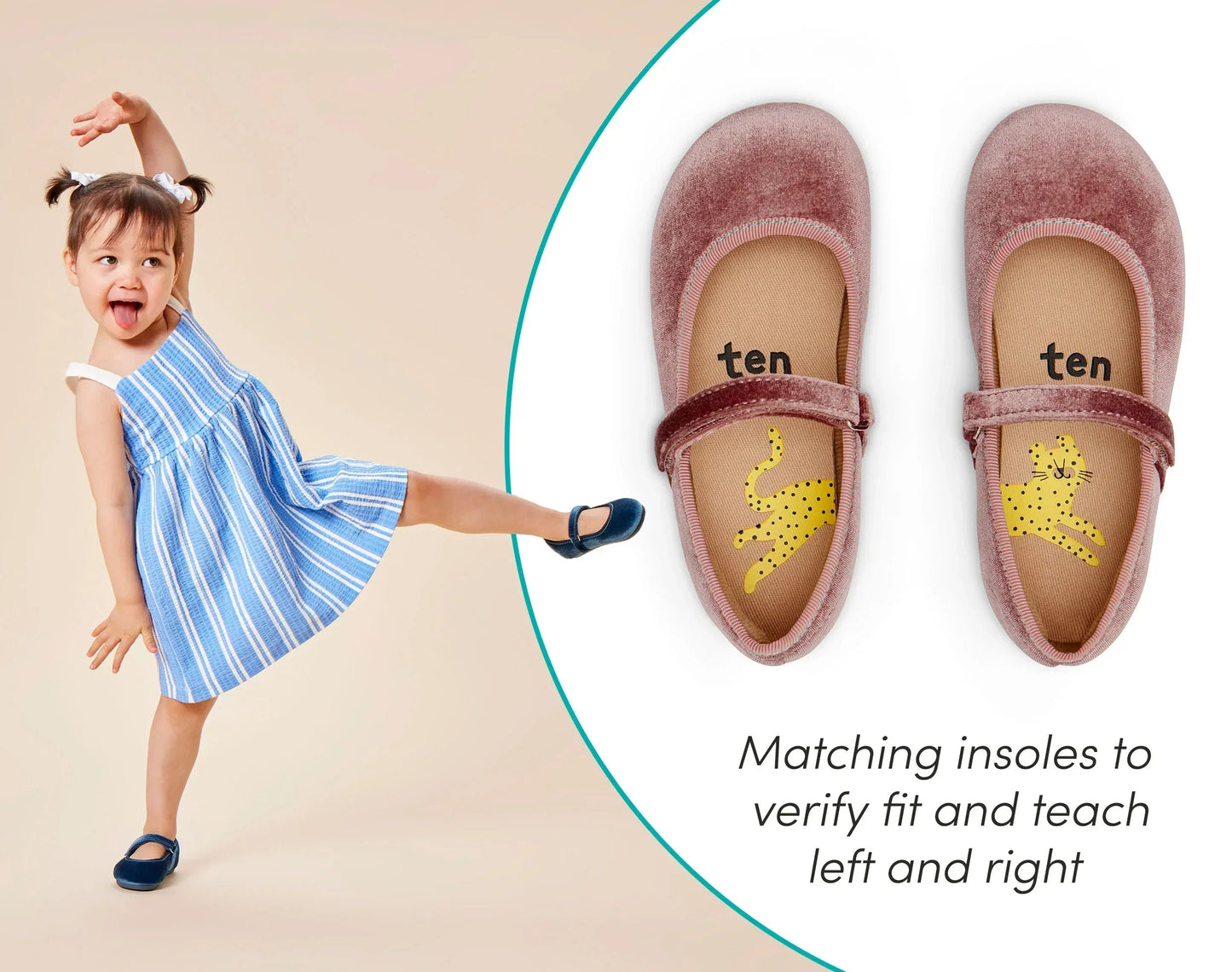 Split view of matching insoles to verify fit and teach left and right, and child dancing in Ten Little Velvet Ballet Flats - Sapphire Blue, Dusty Rose. Available at www.tenlittle.com