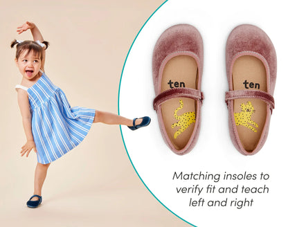 Split view of matching insoles to verify fit and teach left and right, and child dancing in Ten Little Velvet Ballet Flats - Sapphire Blue, Dusty Rose. Available at www.tenlittle.com