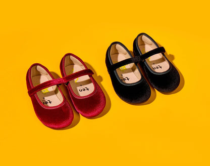 Side by side top view of Ten Little Velvet Ballet Flats - Burgundy Red, Classic Black. Available at www.tenlittle.com