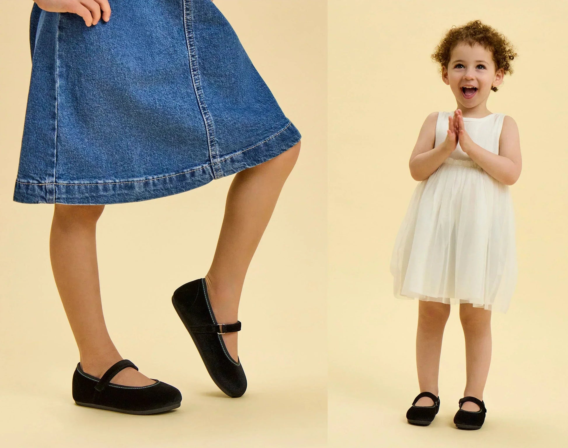 Split view of children wearing Ten Little Velvet Ballet Flats - Classic Black. Available at www.tenlittle.com