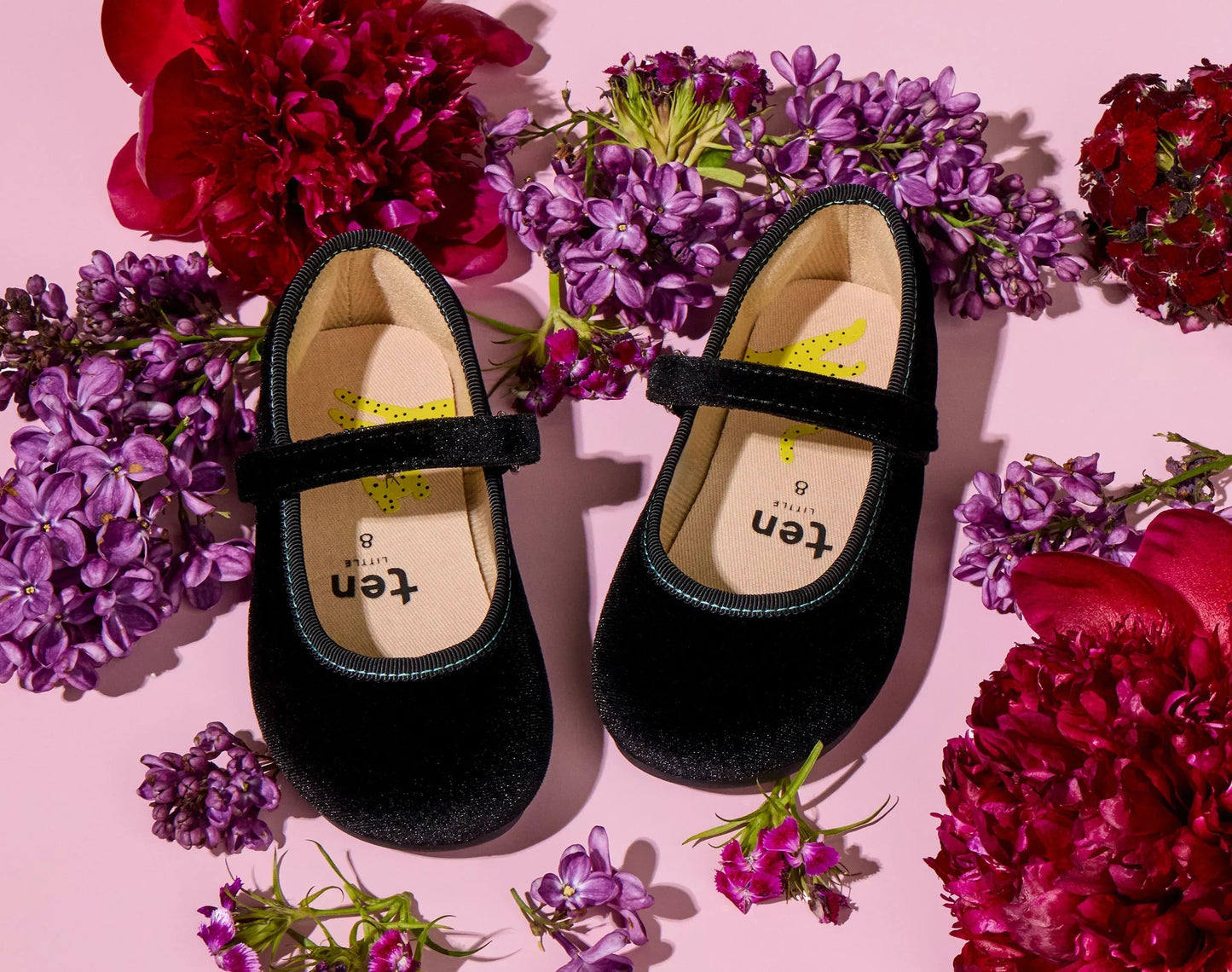 Top and front view of Ten Little Velvet Ballet Flats - Classic Black. Available at www.tenlittle.com