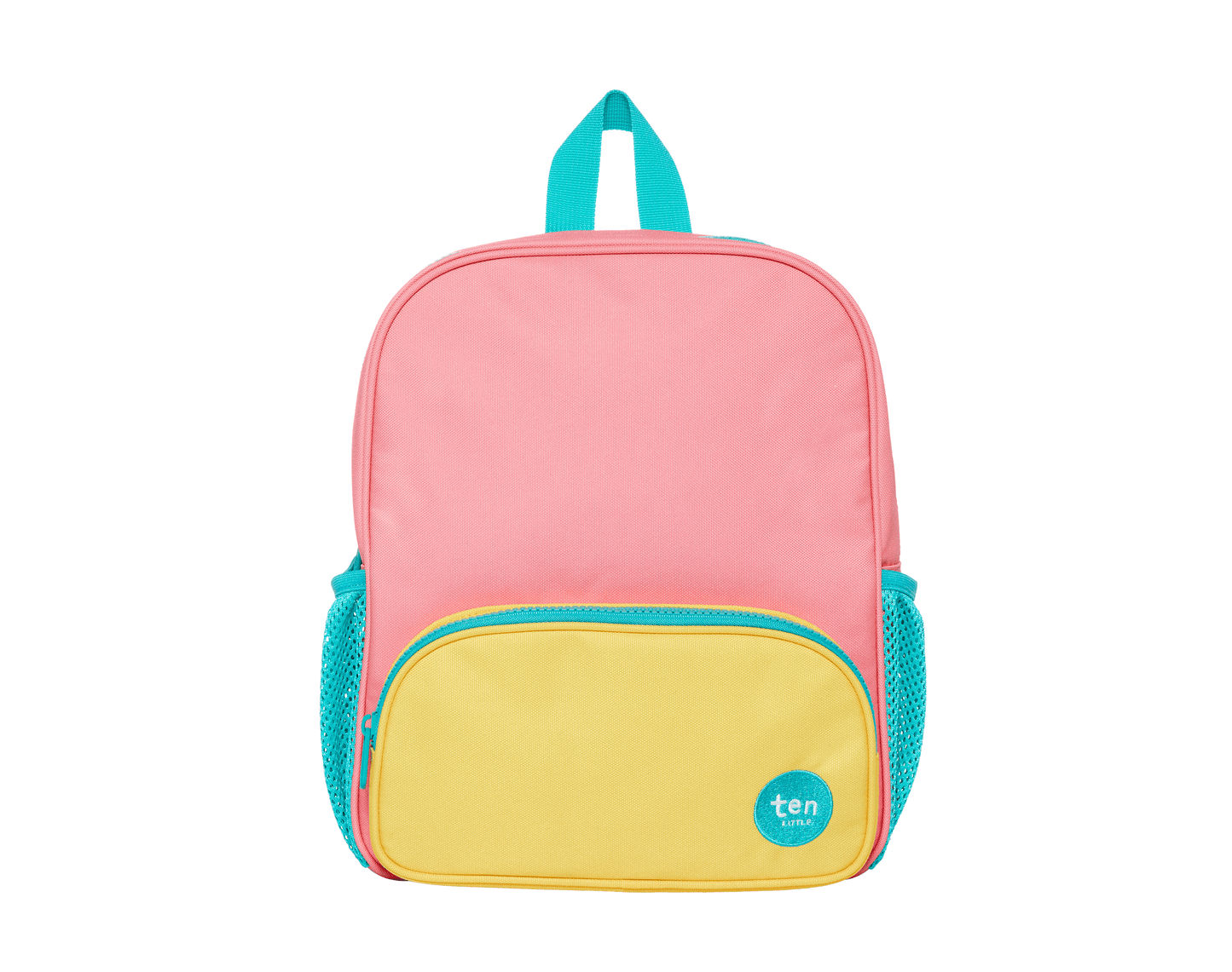 Front view of Ten Little Recycled Backpack 12 Inch - Pink & Yellow. Available at www.tenlittle.com