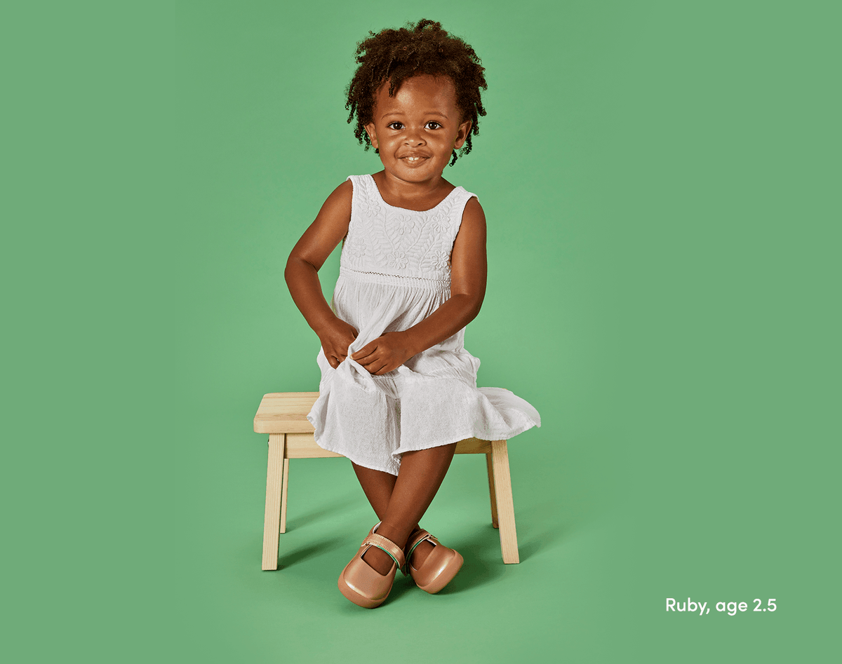 Girl age 2.5 wearing Ten Little Mary Janes - Rose Gold. Available at www.tenlittle.com