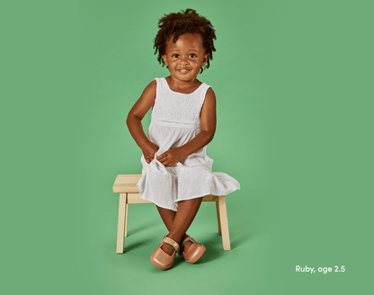 Girl age 2.5 wearing Ten Little Mary Janes - Rose Gold. Available at www.tenlittle.com