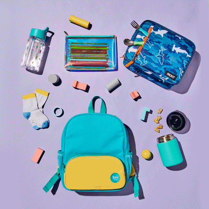 GIF of toys, socks, pencil case, water bottle, snack container and lunch box inside the Ten Little Recycled Backpack 12 Inch - Teal & Yellow. Available at www.tenlittle.com