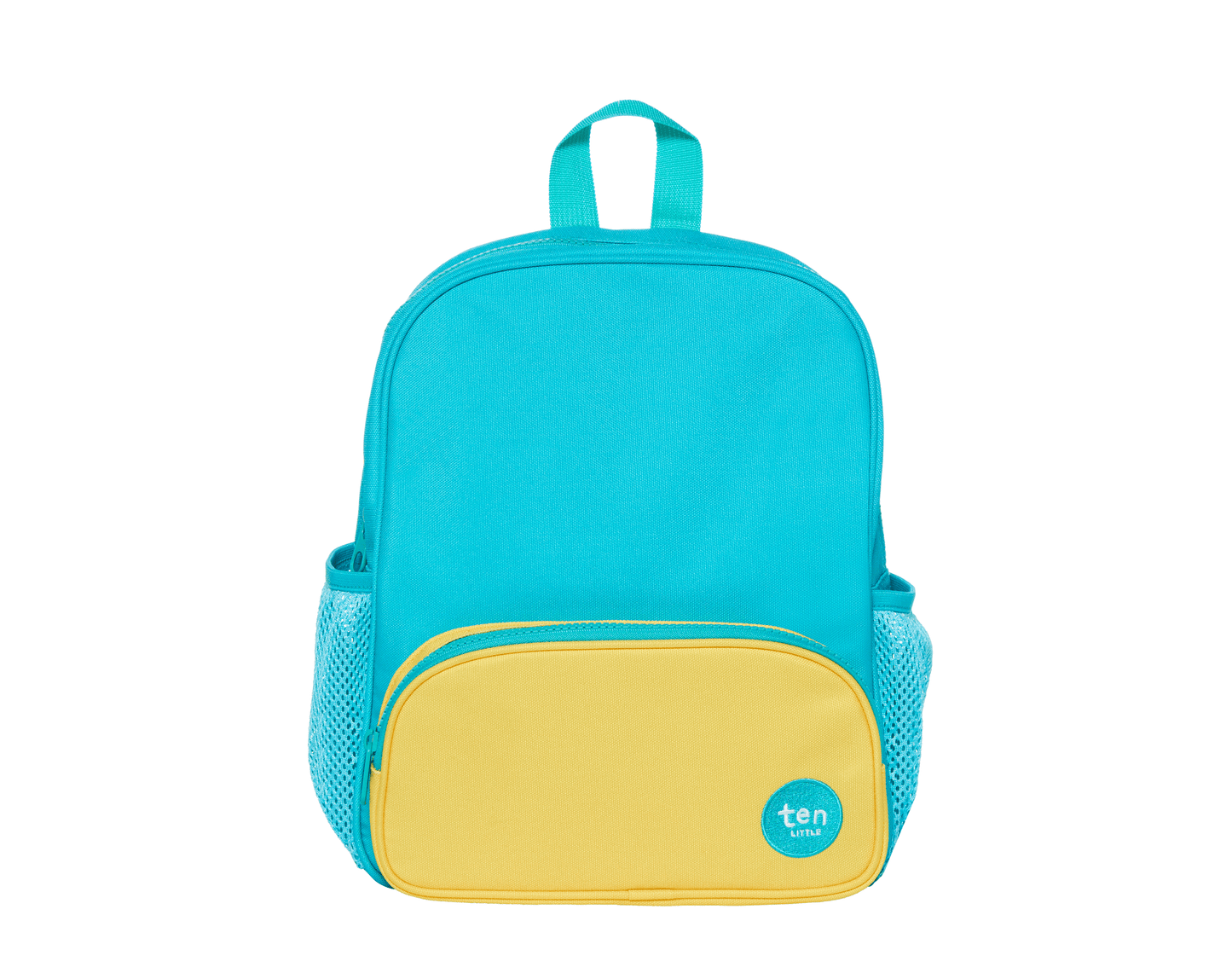 Front view of Ten Little Recycled Backpack 12 Inch - Teal & Yellow. Available at www.tenlittle.com