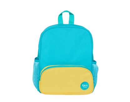 Front view of Ten Little Recycled Backpack 12 Inch - Teal & Yellow. Available at www.tenlittle.com