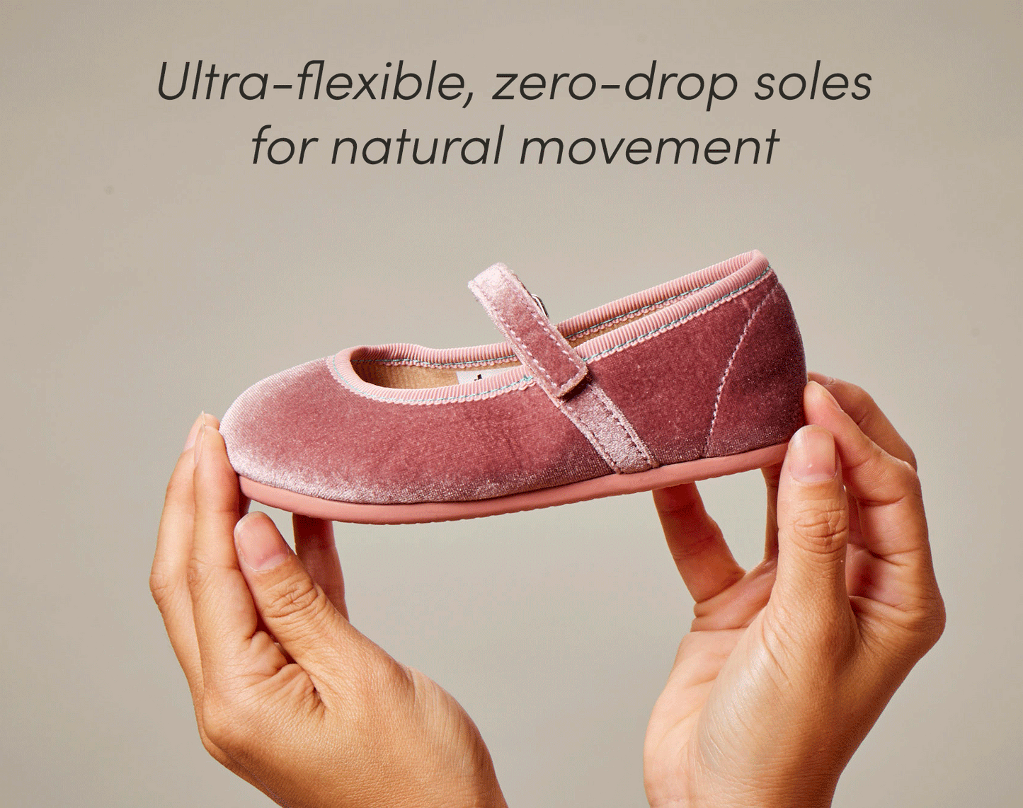 GIF flexing Ten Little Velvet Ballet Flats featuring ultra-flexible, zero-drop soles for natural movement - Dusty Rose. Available at www.tenlittle.com