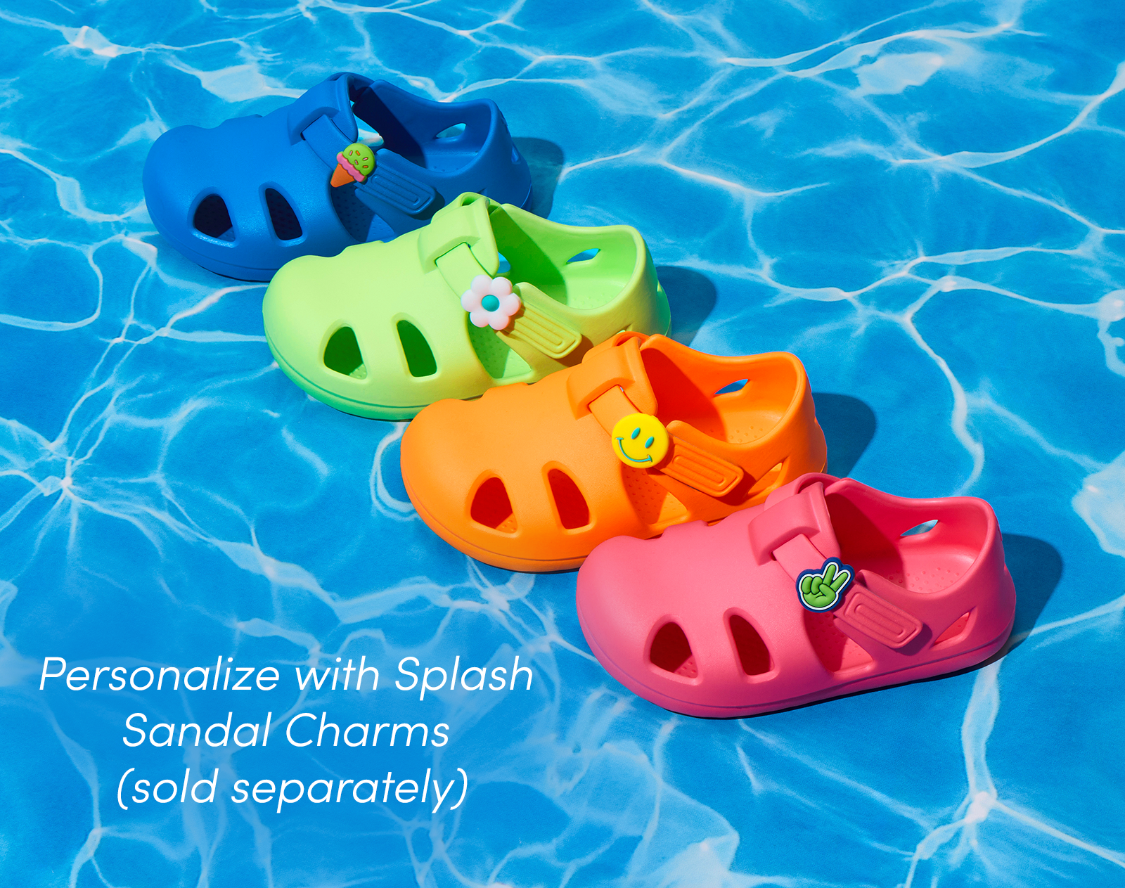 Ten Little Splash Sandals Charms (sold separately) on straps of Splash Sandals - Brights Collection. Available at www.tenlittle.com