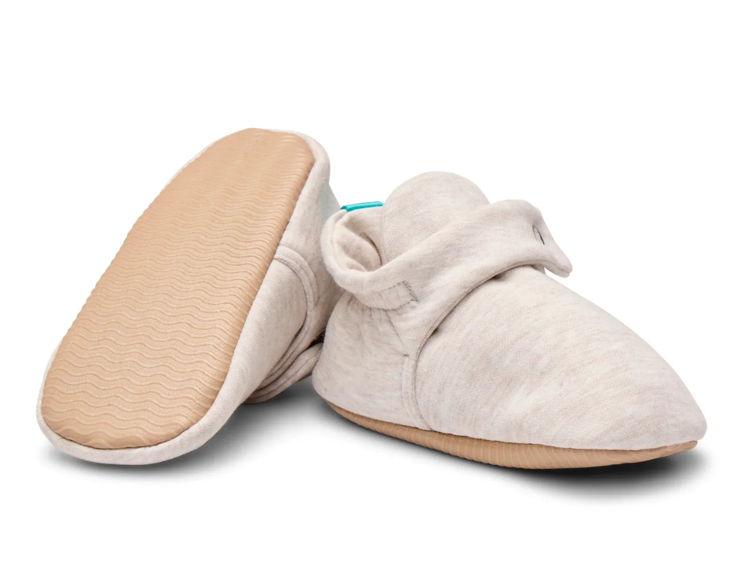 Top and bottom grippy outsole view of Ten Little Everyday Baby Booties - Heather Oat. Available at www.tenlittle.com