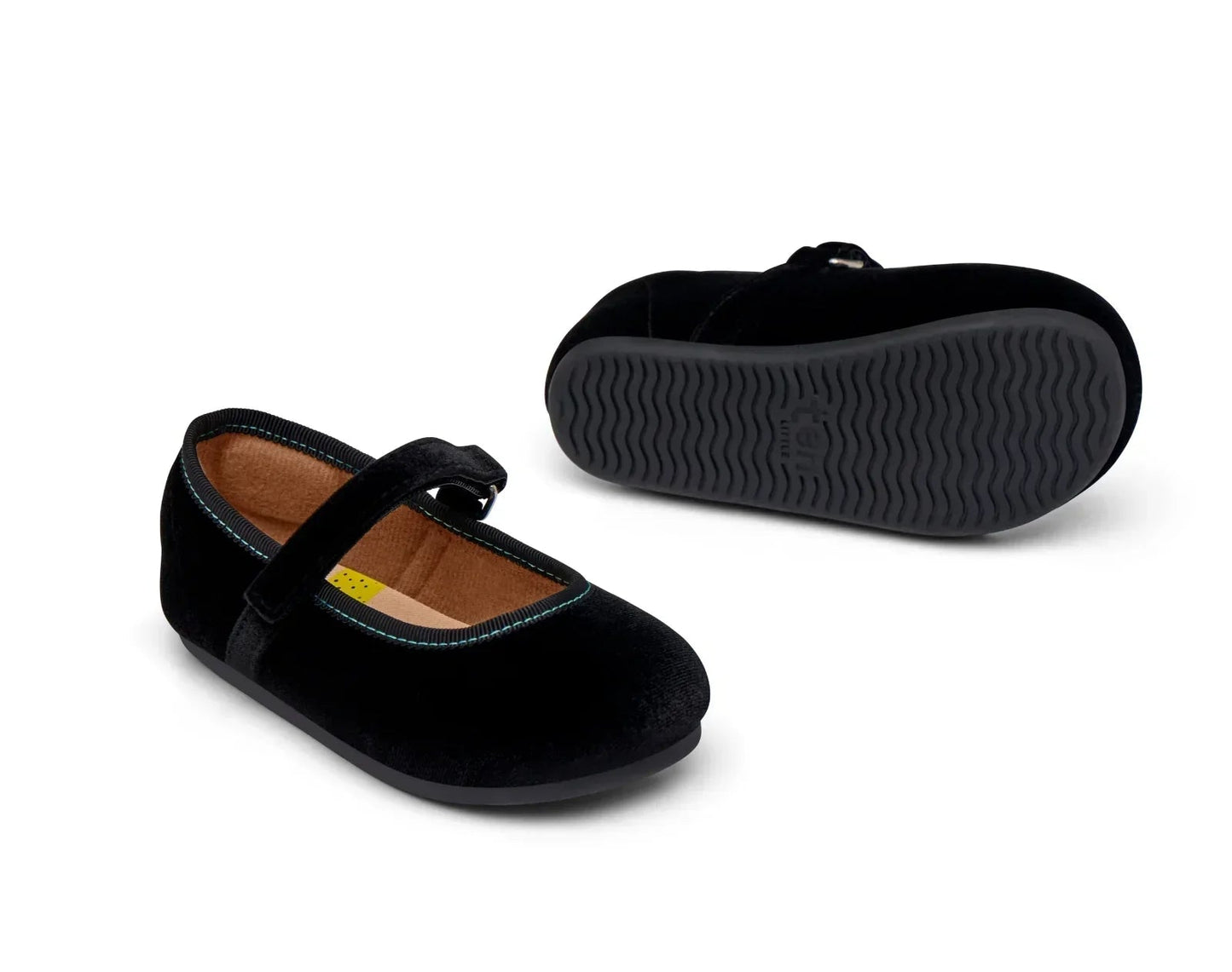 Top and bottom outsole traction view of Ten Little Velvet Ballet Flats - Classic Black. Available at www.tenlittle.com