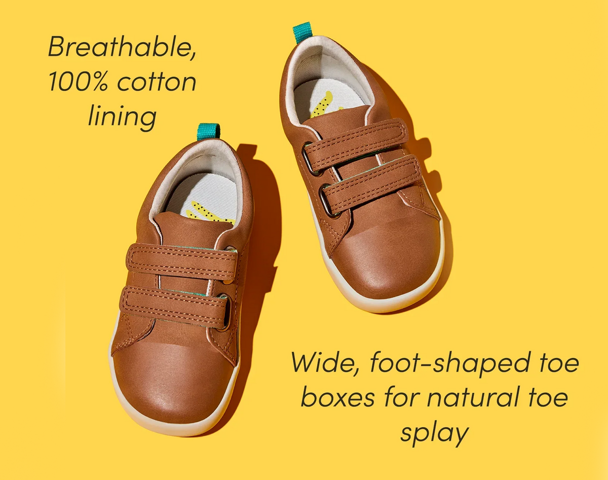 Top view of wide, foot-shaped toe box for natural toe splay and breathable, 100% cotton lining of Ten Little Everyday Original - Mocha Brown. Available at www.tenlittle.com