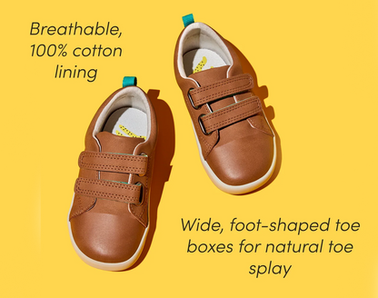 Top view of wide, foot-shaped toe box for natural toe splay and breathable, 100% cotton lining of Ten Little Everyday Original - Mocha Brown. Available at www.tenlittle.com