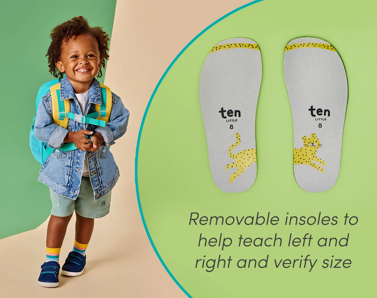 Split view of removable insoles to help teach left and right and verify size, and child wearing Ten Little Everyday Original - Navy Blue. Available at www.tenlittle.com