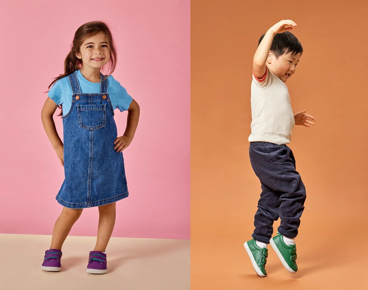 Split view of children wearing Ten Little Everyday Original - Power Purple and Emerald Green. Available at www.tenlittle.com