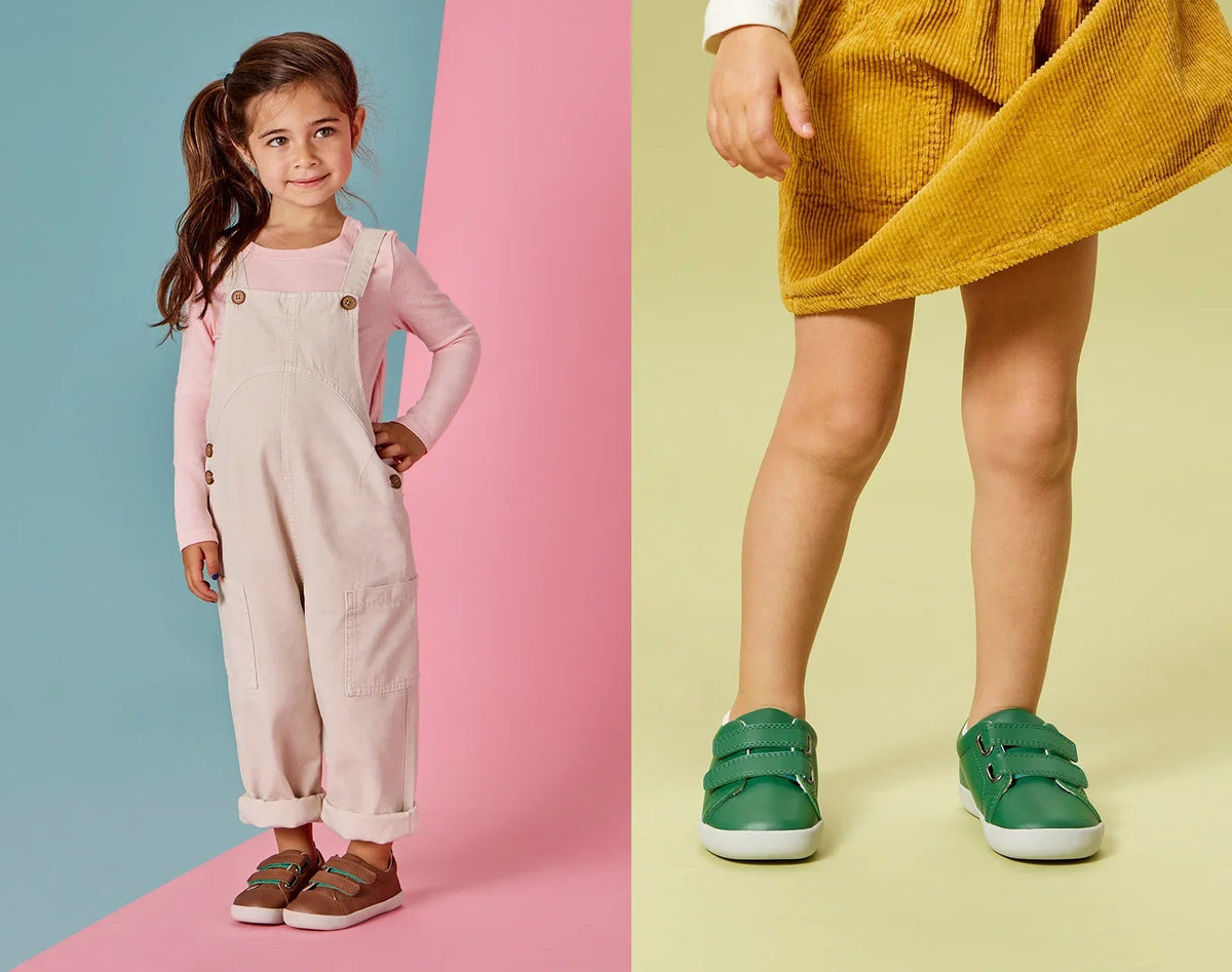 Split view of children wearing Ten Little Everyday Original - Mocha Brown and Emerald Green. Available at www.tenlittle.com
