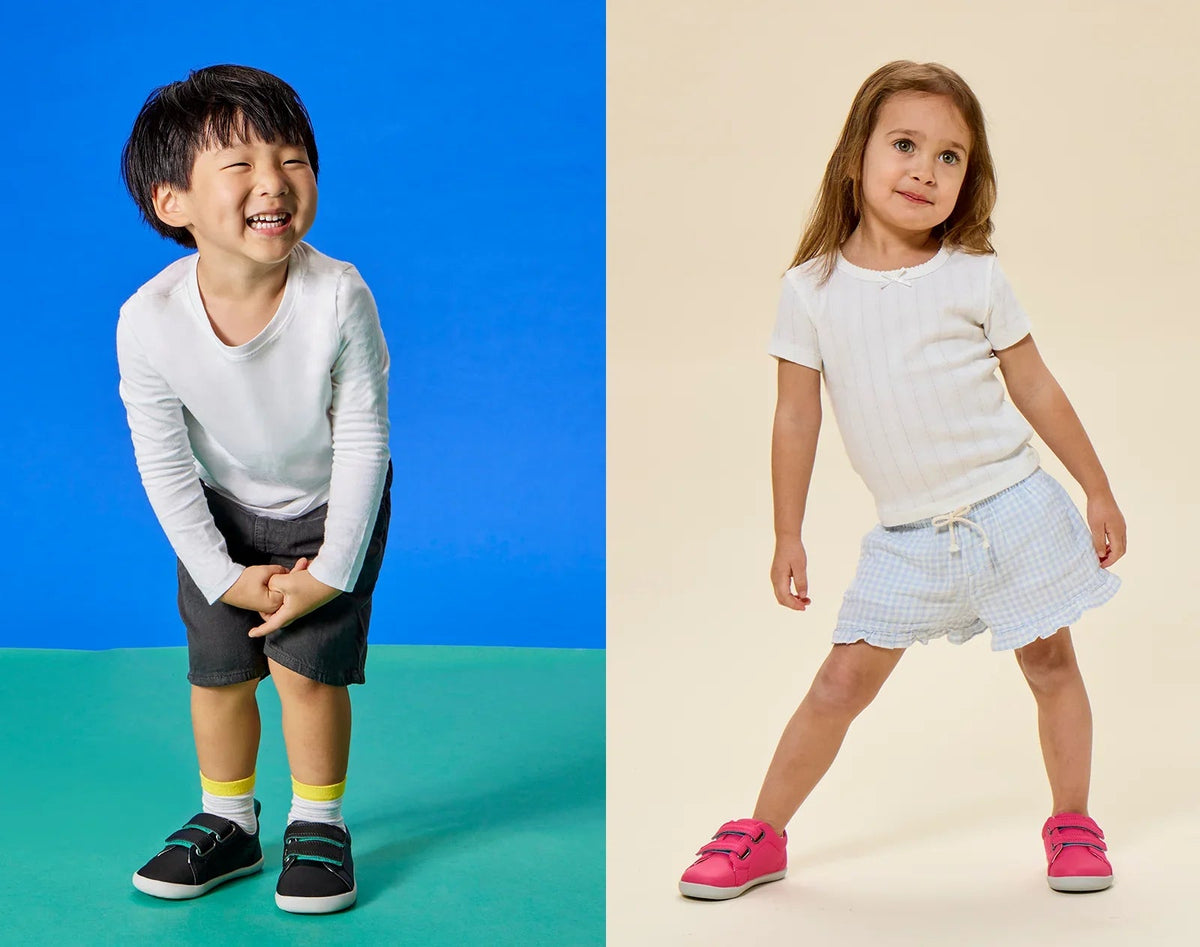 Split view of children wearing Ten Little Everyday Original - Space Black and Candy Pink. Available at www.tenlittle.com