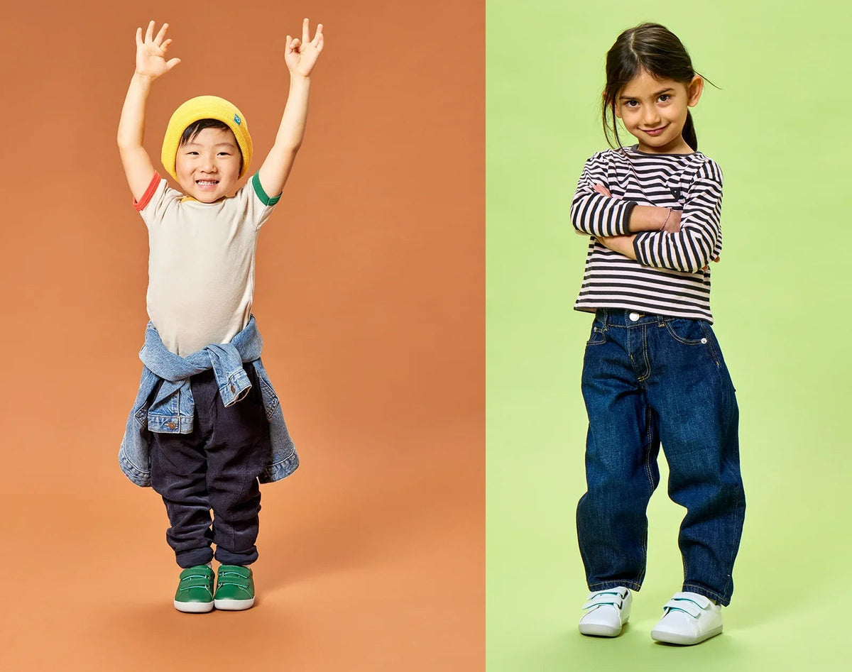 Split view of children wearing Ten Little Everyday Original - Emerald Green and Simply White. Available at www.tenlittle.com