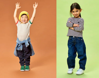 Split view of children wearing Ten Little Everyday Original - Emerald Green and Simply White. Available at www.tenlittle.com
