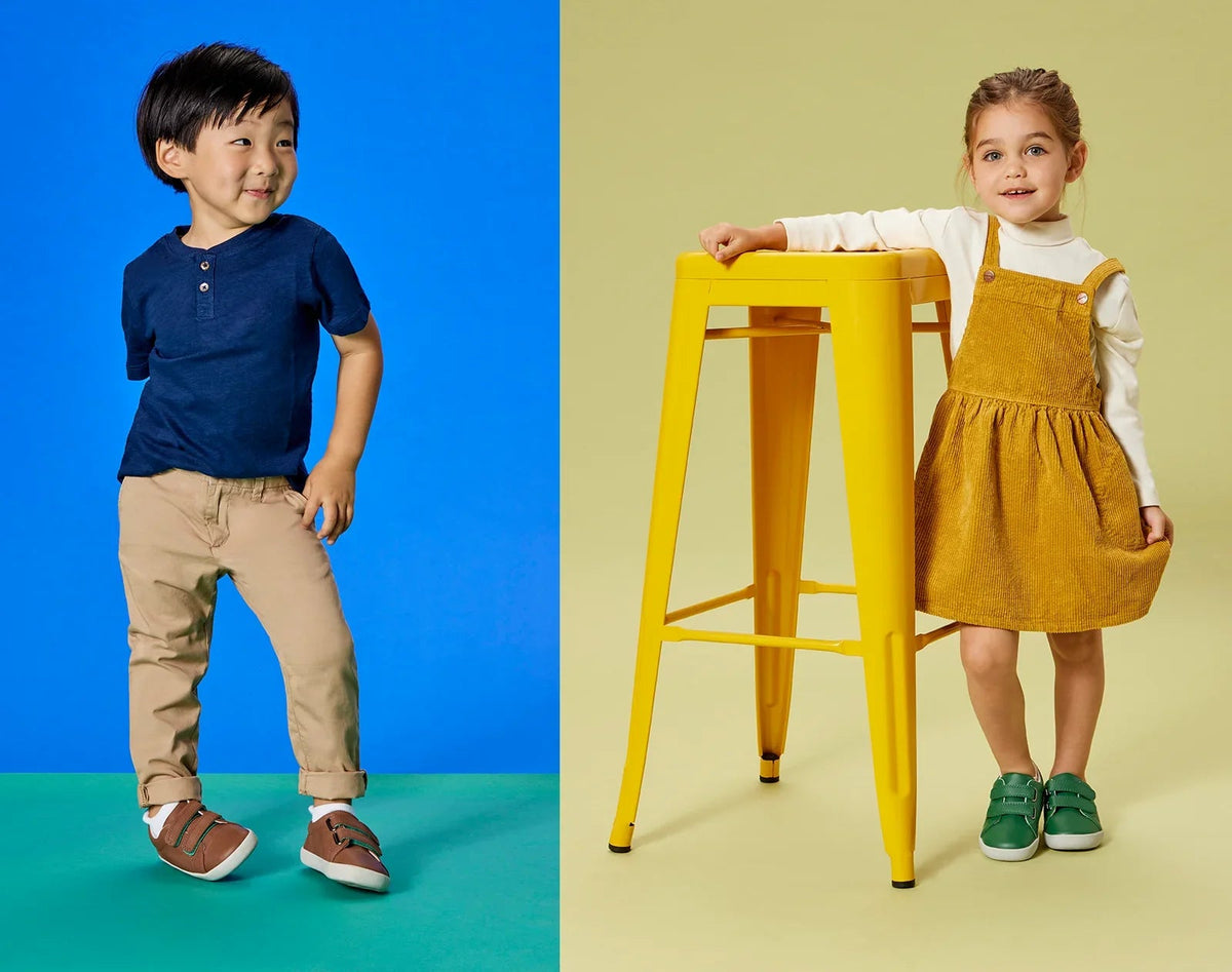 Split view of children wearing Ten Little Everyday Original - Mocha Brown and Emerald Green. Available at www.tenlittle.com