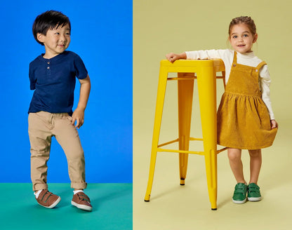 Split view of children wearing Ten Little Everyday Original - Mocha Brown and Emerald Green. Available at www.tenlittle.com