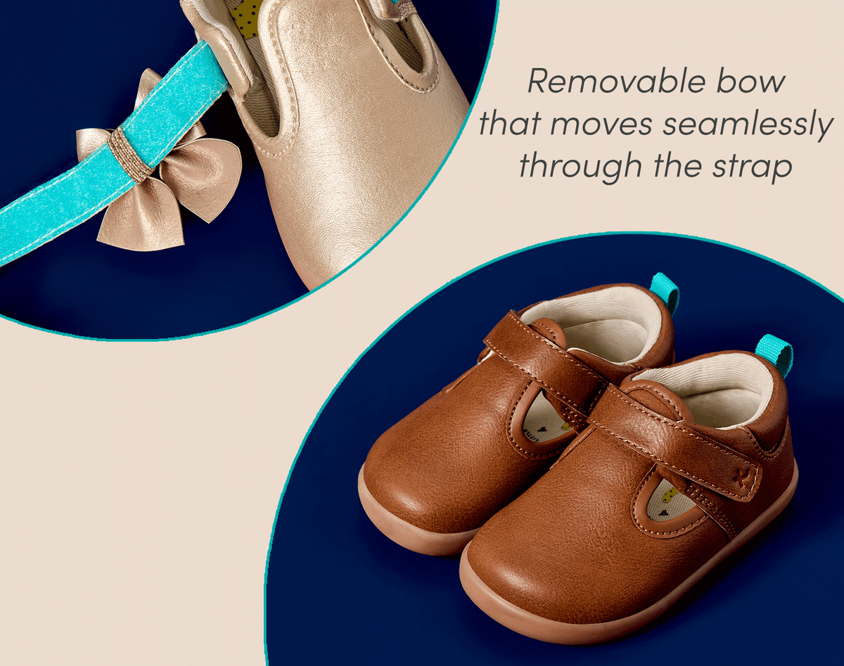Split view of removable bow that moves seamlessly through the strap - Ten Little Mini Mary Janes - Champagne Gold, Caramel Brown. Available at www.tenlittle.com