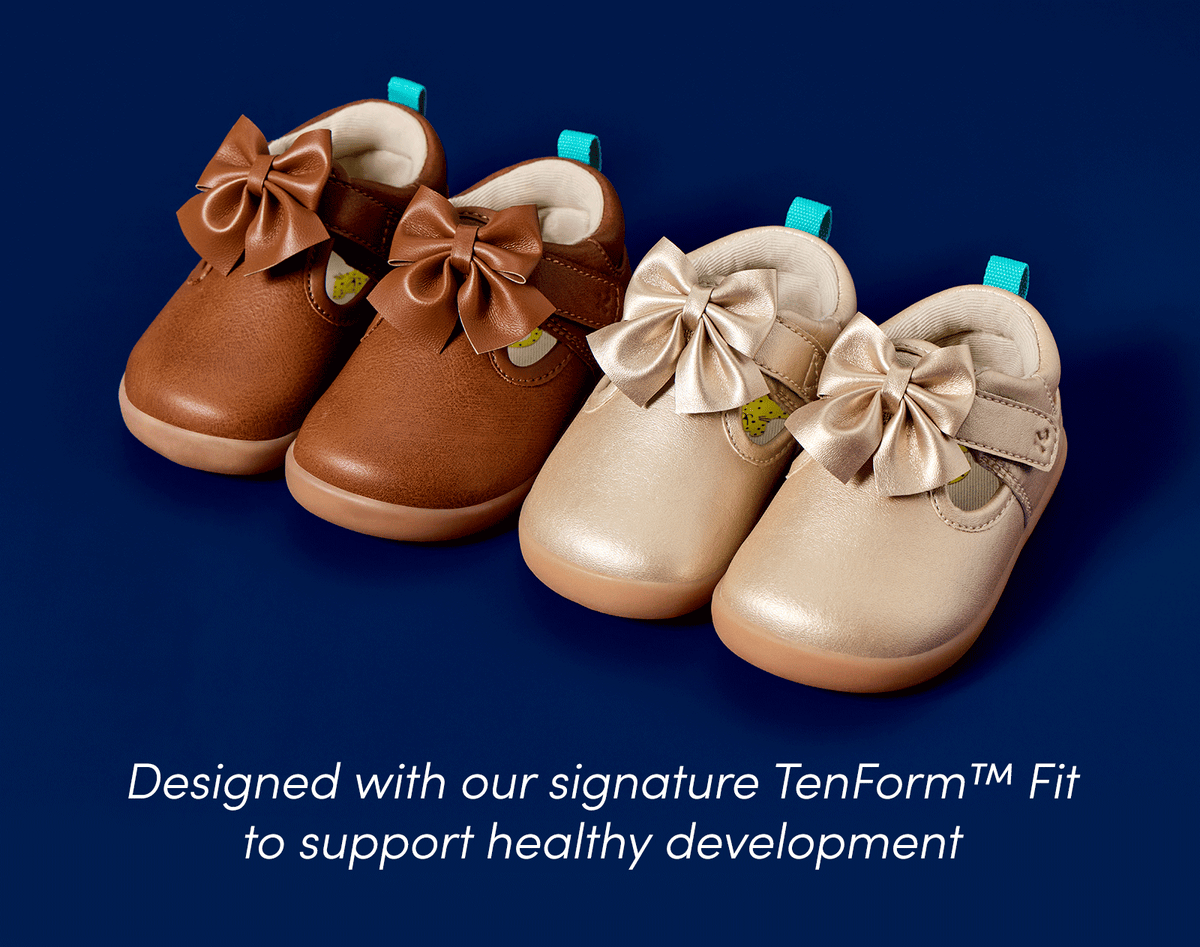 Top and front view of Ten Little Mini Mary Janes designed with our signature TenForm™ Fit to support healthy development - Caramel Brown, Champagne Gold. Available at www.tenlittle.com