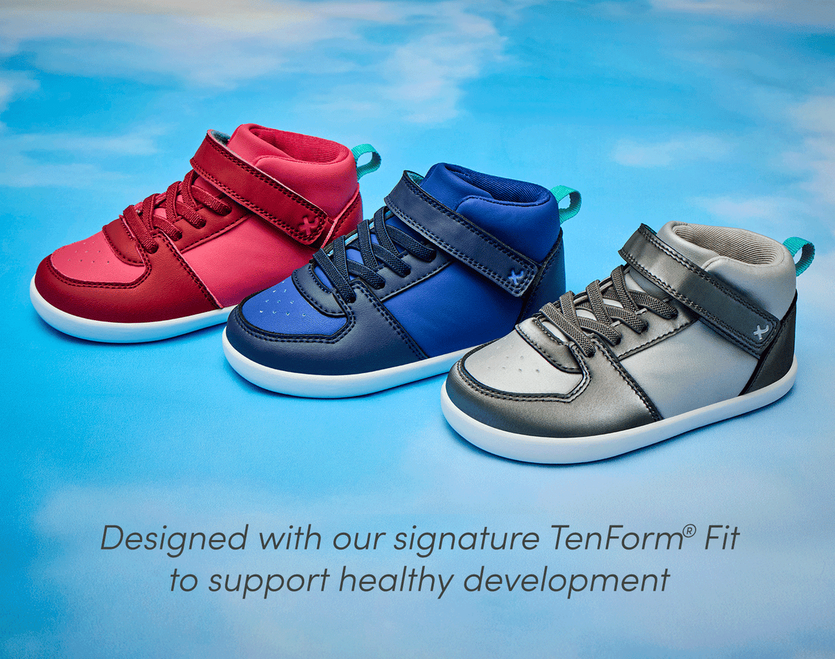 Side view group shot of Ten Little Varsity Mid Tops designed with our signature TenForm® Fit to support healthy development - All Star Pink, Game Day Blue, Champion Silver. Available at www.tenlittle.com