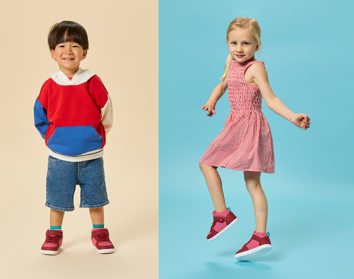 Split view children wearing Ten Little Varsity Mid Tops - All Star Pink. Available at www.tenlittle.com