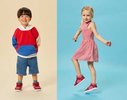 Split view children wearing Ten Little Varsity Mid Tops - All Star Pink. Available at www.tenlittle.com