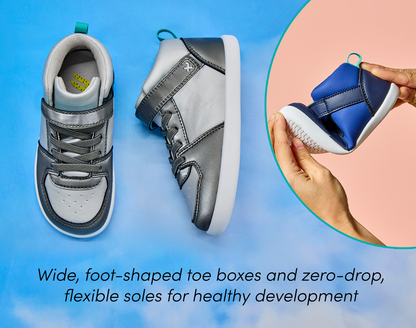 Split view, top and side view and person flexing Ten Little Varsity Mid Tops featuring wide, foot-shaped toe boxes and zero-drop, flexible soles for healthy development - Champion Silver, Game Day Blue. Available at www.tenlittle.com