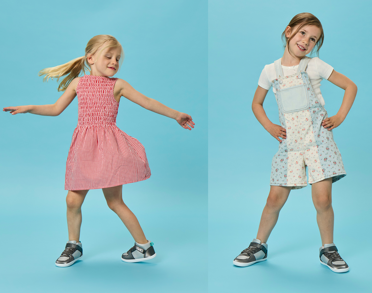Split view children wearing Ten Little Varsity Mid Tops - Champion Silver. Available at www.tenlittle.com