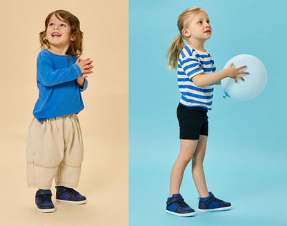 Split view children wearing Ten Little Varsity Mid Tops - Game Day Blue. Available at www.tenlittle.com