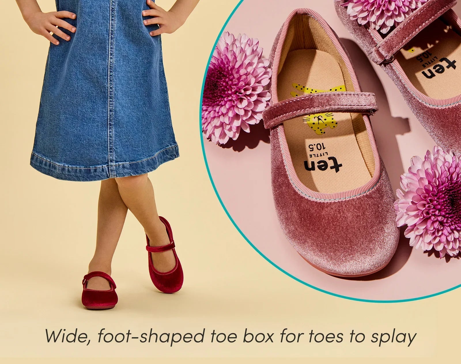 Split view of child wearing Ten Little Velvet Ballet Flats and top view of wide, foot-shaped toe box for toes to splay - Burgundy Red, Dusty Rose. Available at www.tenlittle.com