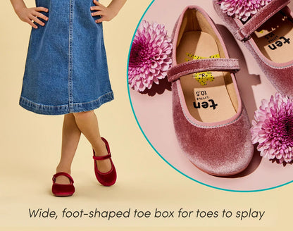 Split view of child wearing Ten Little Velvet Ballet Flats and top view of wide, foot-shaped toe box for toes to splay - Burgundy Red, Dusty Rose. Available at www.tenlittle.com