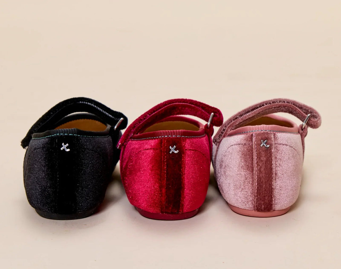 Back view group shot of brand mark on Ten Little Velvet Ballet Flats - Classic Black, Burgundy Red, Dusty Rose. Available at www.tenlittle.com