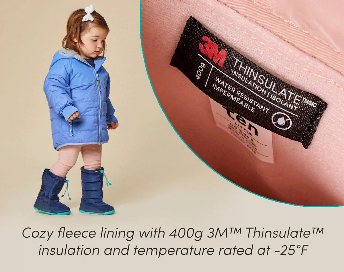 Split view of child wearing Ten Little Snow Boots and cozy fleece lining with 400g 3M™ Thinsulate™ insulation and temperature rated at -25°F  - Navy Blue, Blush Pink. Available at www.tenlittle.com