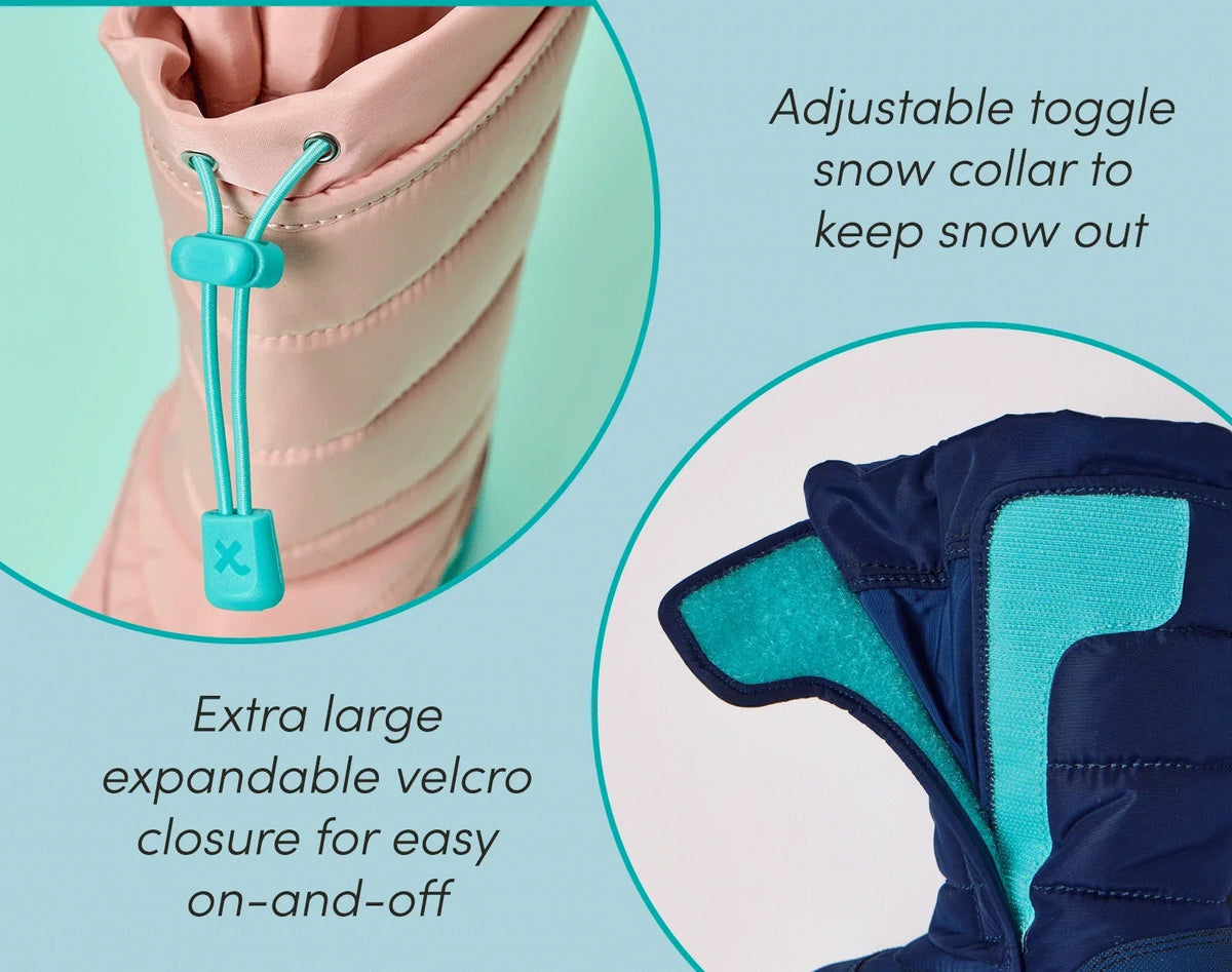 Split view of Ten Little Snow Boots featuring an extra large expandable velcro closure for easy on-and-off and adjustable toggle snow collar to keep snow out - Blush Pink, Navy Blue. Available at www.tenlittle.com
