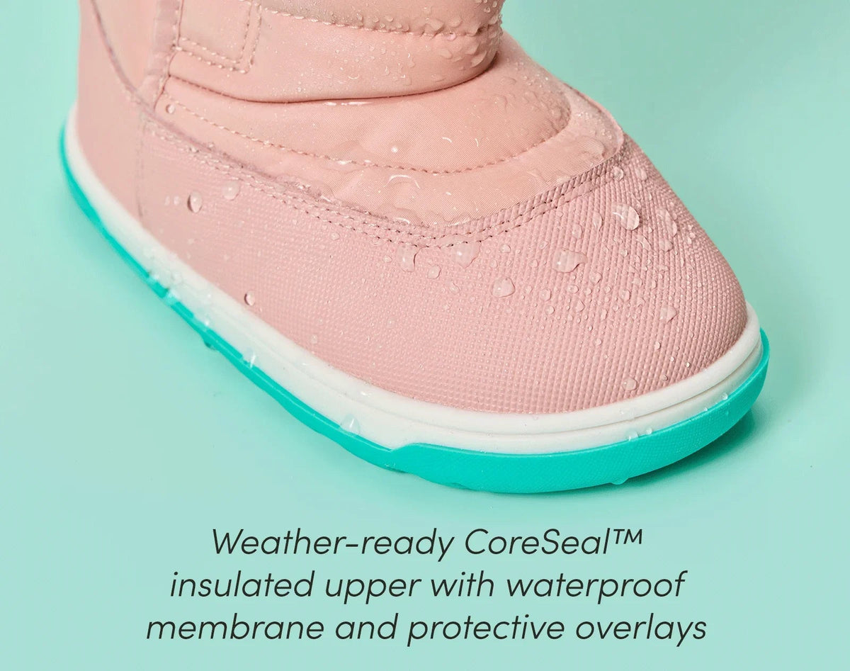 Close-up view of Ten Little Snow Boots with a weather-ready CoreSeal™ insulated upper with waterproof membrane and protective overlays - Blush Pink. Available at www.tenlittle.com