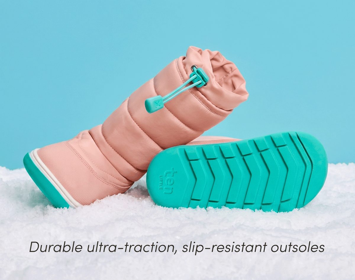 Front and bottom view of Ten Little Snow Boots featuring durable ultra-traction, slip-resistant outsoles - Blush Pink. Available at www.tenlittle.com