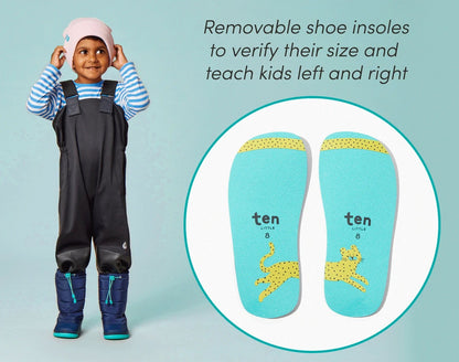 Split view of child wearing Ten Little Snow Boots and removable shoe insoles to verify size and teach kids left and right - Navy Blue. Available at www.tenlittle.com