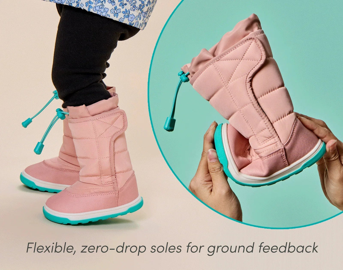 Split view of child wearing Ten Little Snow Boots and person flexing zero-drop sole for ground feedback - Blush Pink. Available at www.tenlittle.com